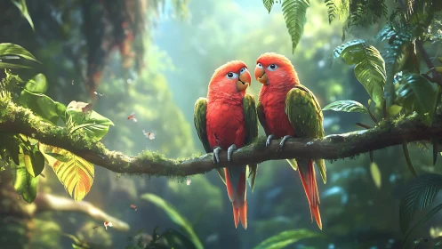 Two Colorful Parrots on Jungle Branch, Vibrant Realistic Art.
