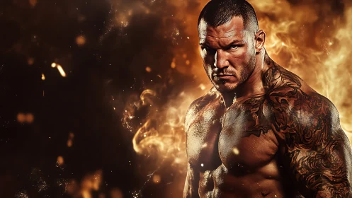 Photorealistic fiery portrait of muscular tattooed fighter figure.