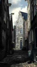 Quiet cobbled alleyway beneath old gabled houses at dusk.