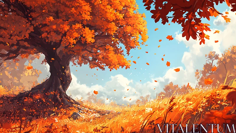 Golden autumn oak embracing a breezy, sunlit meadow.