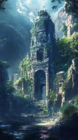 Overgrown stone tower ruin in narrow misted valley.