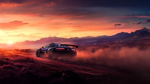 Sports car speeding on dusty road under vivid sunset sky.