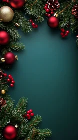 Christmas border with red ornaments on dark green background.
