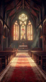 Sunlit gothic church nave with glowing stained glass windows.