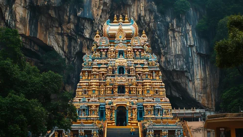 Ornate Hindu temple gopuram framed by steep limestone cliffs.
