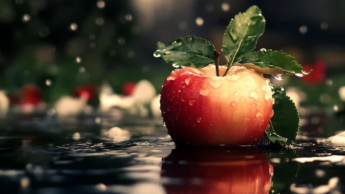 Dew‑covered red apple resting on reflective water surface