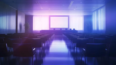 Modern empty conference room with glowing purple lighting.