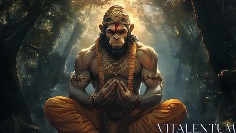 Divine simian yogi rendered in hyper-detailed digital chiaroscuro