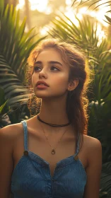 Sunlit portrait of young woman framed by tropical foliage