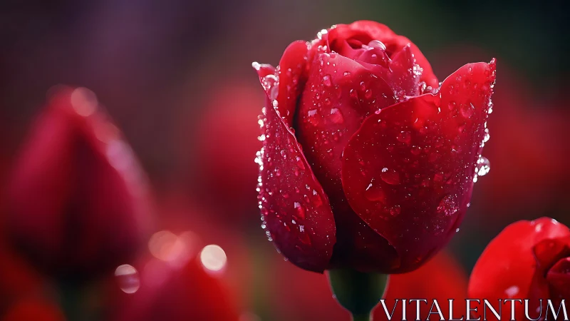 Red Tulip Covered in Dew Drops.