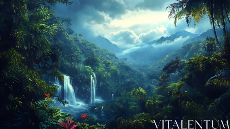 Lush tropical basin with tiered waterfalls under diffused blue light