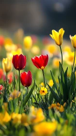 Red tulips command spring's spotlight amid golden companions