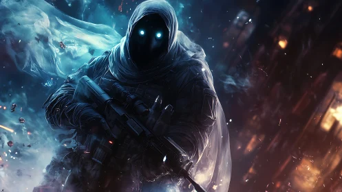 Mysterious hooded soldier strides through glowing cosmic storm