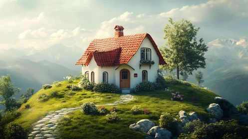 Idyllic cottage with red tiled roof crowns a sunlit hilltop