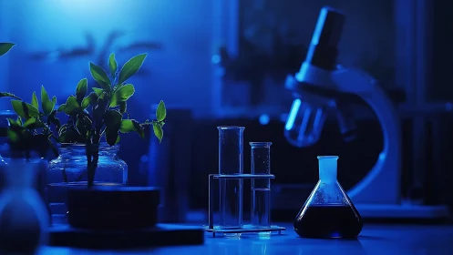 Laboratory plant samples with glassware and microscope at night.