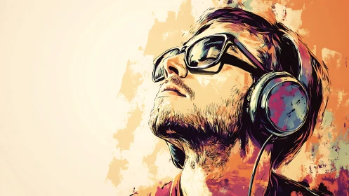 Man with headphones and sunglasses rendered in bold colors