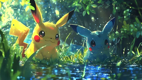Pikachu pair rendered in luminous forest stream digital painting