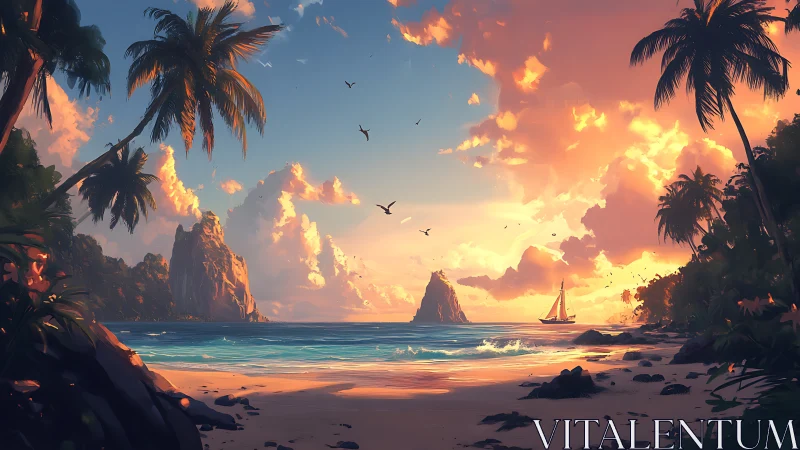 Tropical Cove at Sunset with Sailboat and Rock Formations