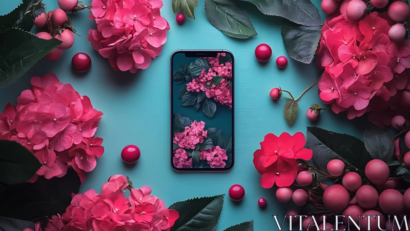 Pink Flowers and Smartphone on Turquoise Surface.