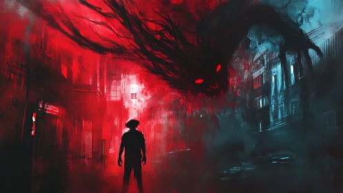 Shadow entity engulfs neon alleyway in high-contrast cyber horror