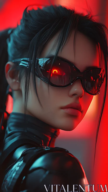 Neon rogue operative in mirror-black armor and burning shades.