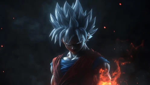 Silver haired warrior ignites with fiery, focused power.