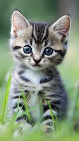 Blue-Eyed Tabby Kitten in Emerald Grass Kingdom.