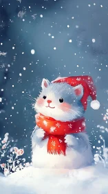 Snowy white kitten in red winter scarf and Santa hat.