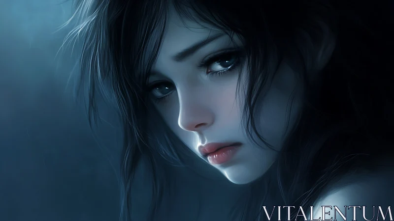 Melancholic blue portrait of ethereal dark haired girl.
