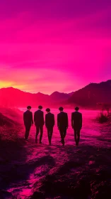 Silhouetted figures walk into a neon pink twilight horizon