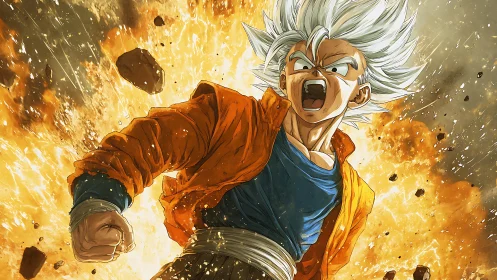 White haired anime warrior charges forward amid blazing blast