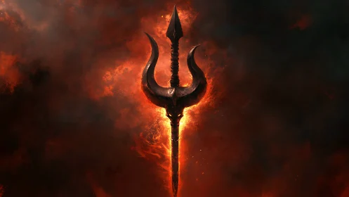 Trident shaped spear glows against dense fiery smoke
