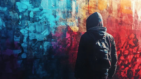 Hooded figure before blue and red textured graffiti wall.