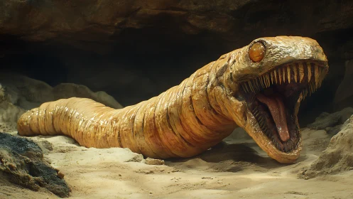 Gigantic subterranean sand worm creature with fanged serpentine maw