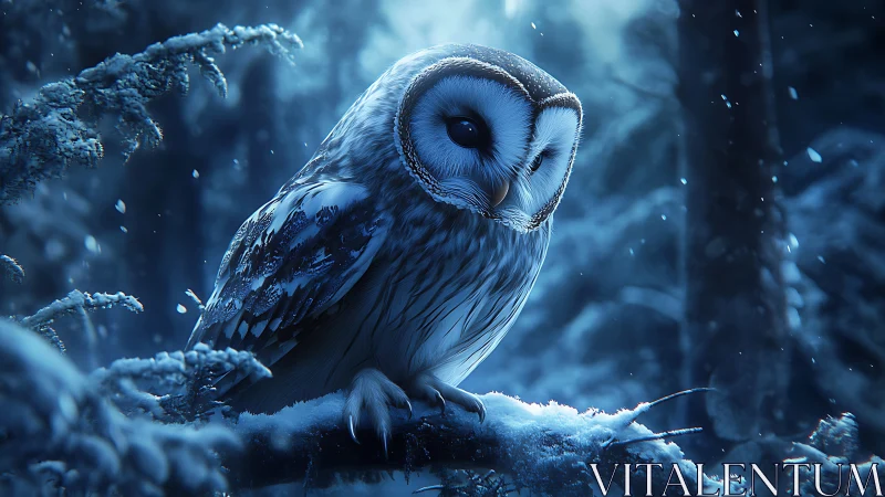 Majestic owl perched in snowy forest, cinematic blue lighting.