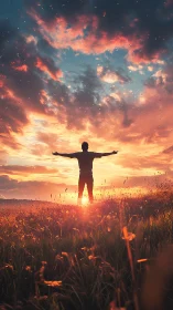 Sunset joy welcomes a lone figure reaching into glowing sky