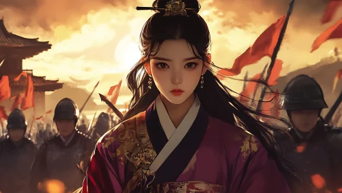 Warborn princess strides through embers and rising banners.