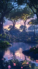 Spectral twilight grove with luminescent water-lily scatterfield.
