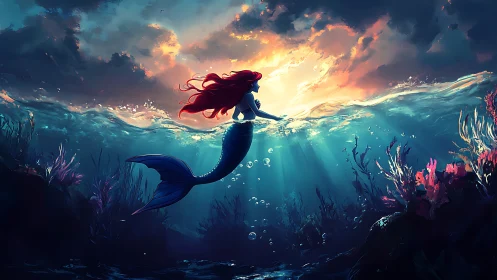 Backlit mermaid silhouette intersects surface caustics and sunset rays