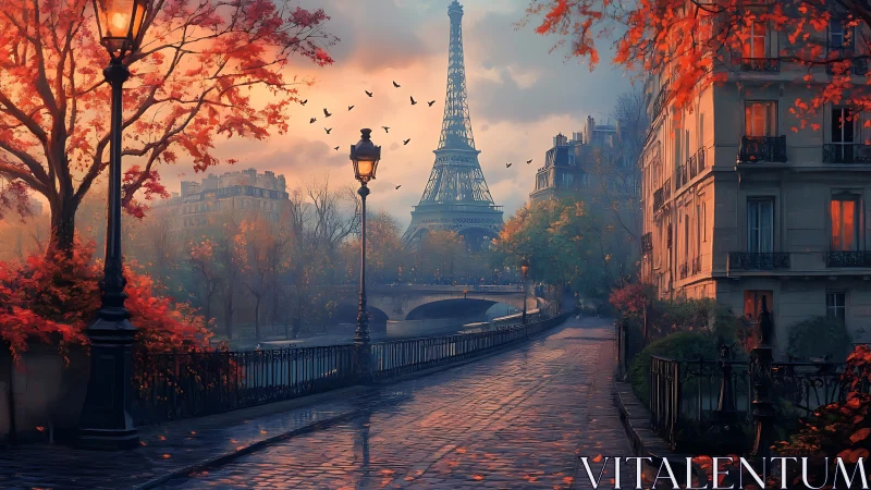 Autumn Parisian riverside with Eiffel Tower at dusk glow.