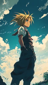 Windlit anime teen hero in tactical harness under sky