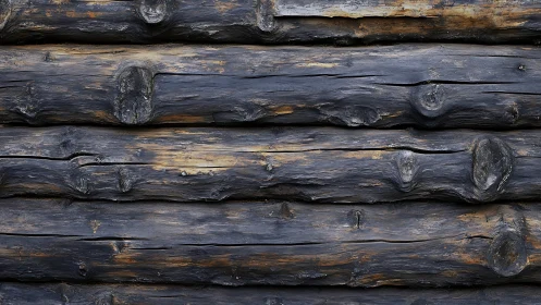 Charred log wall texture with deep grain patterns exposed.