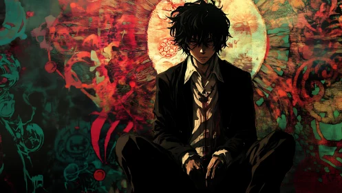 Brooding wanderer rests before a swirling painted sun