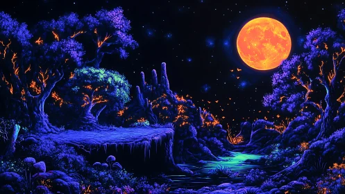 Neon lunar grove under bioluminescent forest canopy.