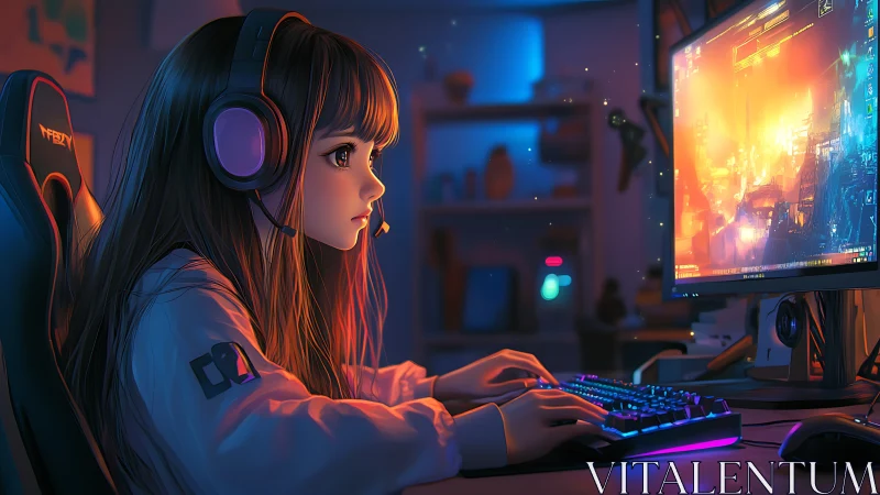 Focused gamer girl at RGB desktop in neon room.