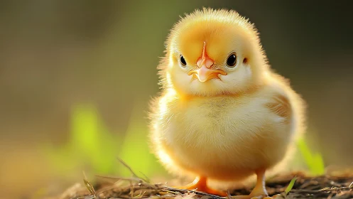 Young chick with fluffy yellow plumage portrait.