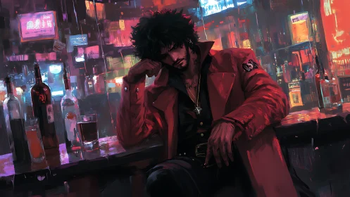 Brooding drifter in neon bar drowns his thoughts in silence.