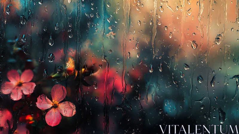 Optically refracted raindrops on glass before blurred blossoms.