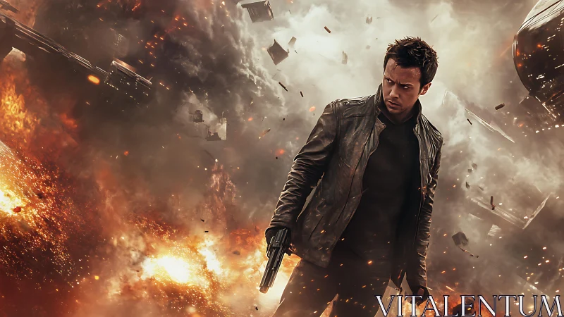 Armed hero strides through burning urban battlefield.