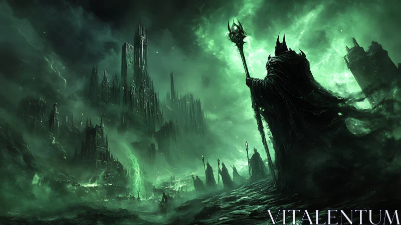 Dark robed warlord faces spiked fortress under green storm